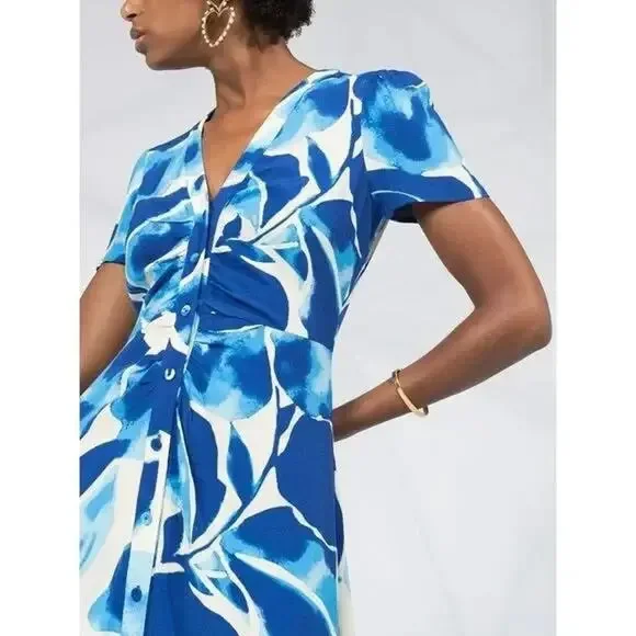 DIANE VON FURSTENBERG Milo Cecilia Crepe Midi Shirt Dress Blue White V Neck M